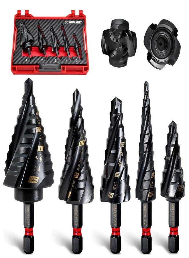 COMOWARE Step Drill Bit Set, 1/8"~1-3/8" 5PCS Four Spiral Flute Step Drill Bits for Metal, AlTIN Coated Step Bit with 1/4" Hex Shank for Metal, Stainless Steel, Aluminum, Wood, Plastic - Image 1