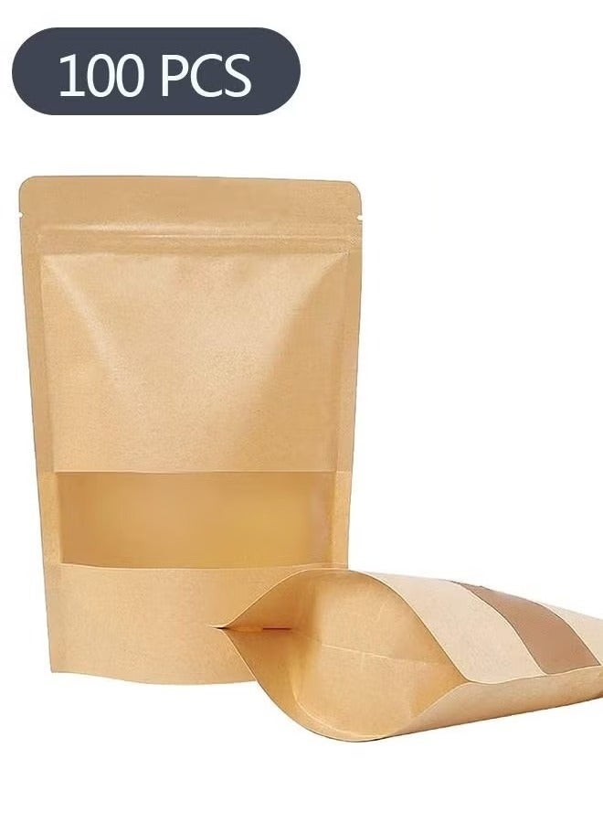Bukela 100-Piece Kraft Bags with Clear Window, Resealable Bags Stand Up Pouches Coffee Bags Sealable Bags for Packaging, Ziplock Stand Up Bags for Home or Business (15*22*4cm)  - Image 1