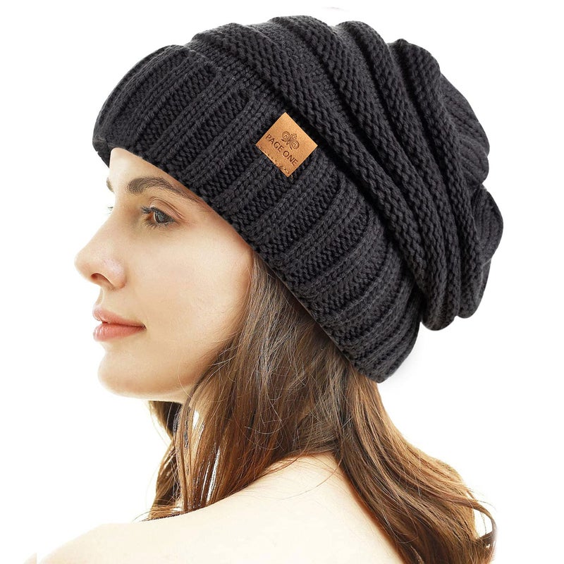 PAGE ONE Womens Winter Beanie Warm Cable Knit Hat Style Stretch Trendy Ribbed Chunky Cap, Dark Gray, One size - Image 1