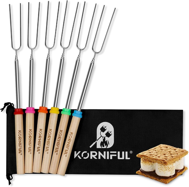 KORNIFUL 6 pack Smores Sticks for Fire Pit, 32 Inch Marshmallow Roasting long Skewers kit for Campfire - Hot Dog Fork Portable Extendable Stainless Steel Outdoor Trips Accessories - Image 1