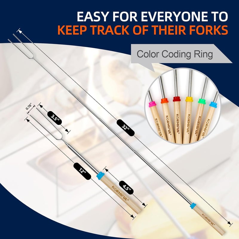 KORNIFUL 6 pack Smores Sticks for Fire Pit, 32 Inch Marshmallow Roasting long Skewers kit for Campfire - Hot Dog Fork Portable Extendable Stainless Steel Outdoor Trips Accessories - Image 3