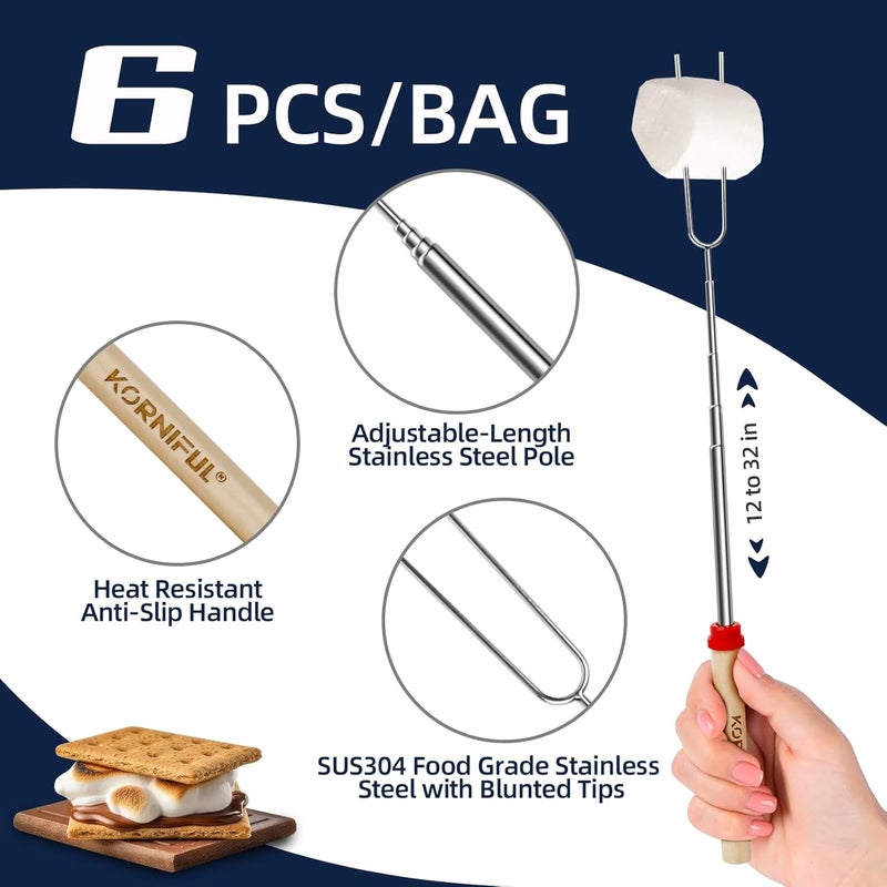 KORNIFUL 6 pack Smores Sticks for Fire Pit, 32 Inch Marshmallow Roasting long Skewers kit for Campfire - Hot Dog Fork Portable Extendable Stainless Steel Outdoor Trips Accessories - Image 2