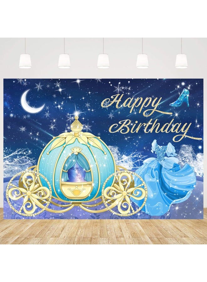 withu Withu Dreamy Blue Happy Birthday Backdrop Princess Fairy Tale Glitter Gold Pumpkin Carriage Prom Dress Party Banner for Girls Cake Desk Decor Photography Background 7x5ft  - Image 1