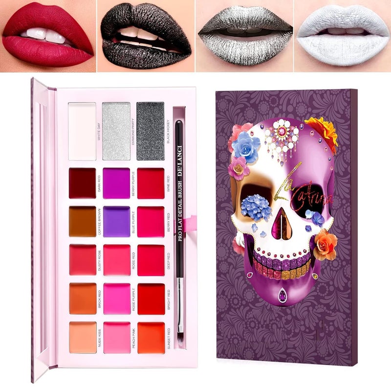 COSLUXE x DELANCI Lipstick Palette 18 Color Lip Palette Soft Moisturizing Long Lasting Smudge Proof Matte Lipstick Set Red Black White Silver Metallic Bright Glitter Lipstick Makeup - Image 4