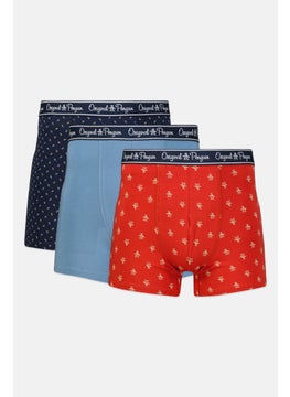 Men 3 Pieces Allover Print Boxer Briefs, Navy/Red/Steel Blue