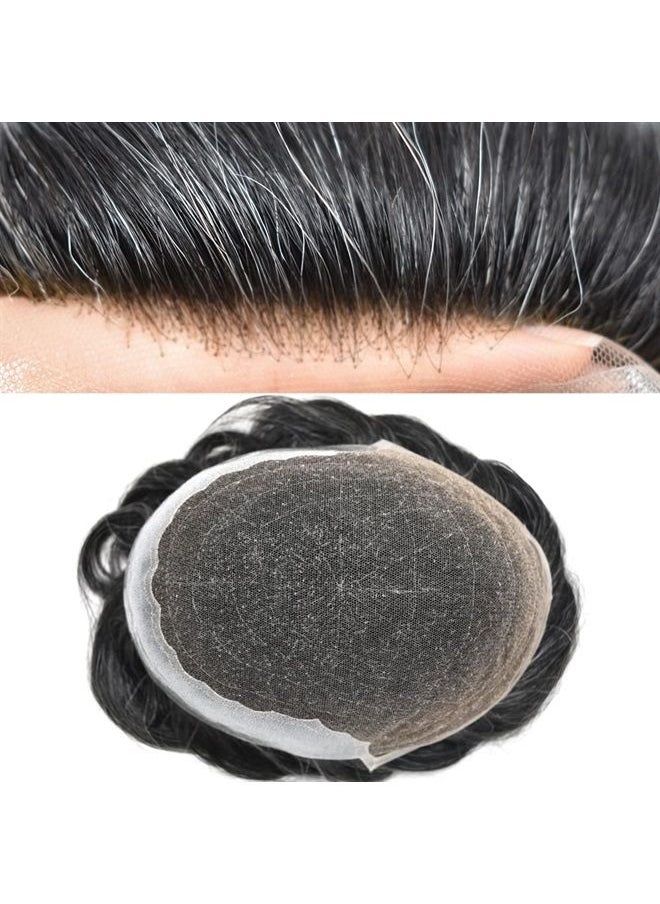 LYRICAL HAIR Mens Hair System Transparent French Lace Human Hair Mens Toupee 120% Medium Light to Medium Density (6 * 8", 1B20 1B# OFF BLACK WITH 20% SYNTHETIC GREY)  - Image 1