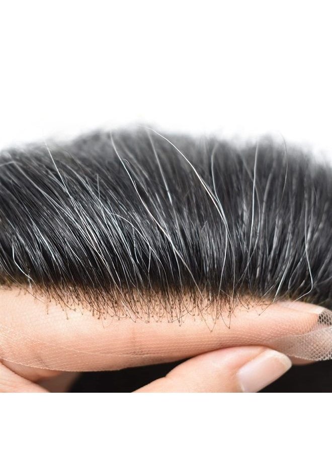 LYRICAL HAIR Mens Hair System Transparent French Lace Human Hair Mens Toupee 120% Medium Light to Medium Density (6 * 8", 1B20 1B# OFF BLACK WITH 20% SYNTHETIC GREY)  - Image 2