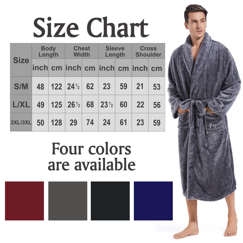 Inner Wish Mens Plush Fleece Robe, Cozy Warm Bathrobe Fuzzy Male Spa Long Robe With Pockets, Dark Grey, L/XL - Image 5