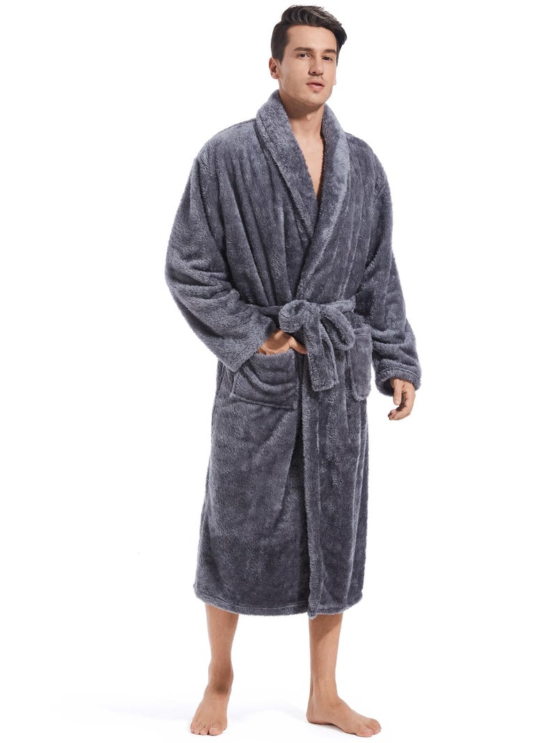 Inner Wish Mens Plush Fleece Robe, Cozy Warm Bathrobe Fuzzy Male Spa Long Robe With Pockets, Dark Grey, L/XL - Image 1