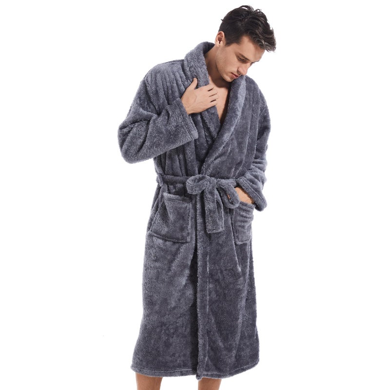 Inner Wish Mens Plush Fleece Robe, Cozy Warm Bathrobe Fuzzy Male Spa Long Robe With Pockets, Dark Grey, L/XL - Image 2