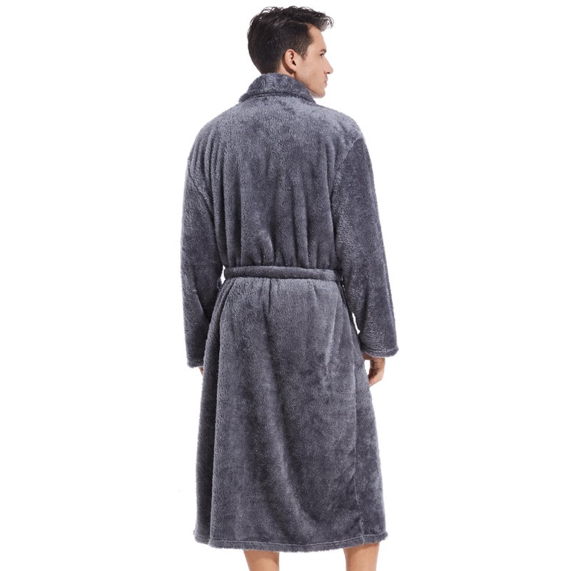 Inner Wish Mens Plush Fleece Robe, Cozy Warm Bathrobe Fuzzy Male Spa Long Robe With Pockets, Dark Grey, L/XL - Image 3