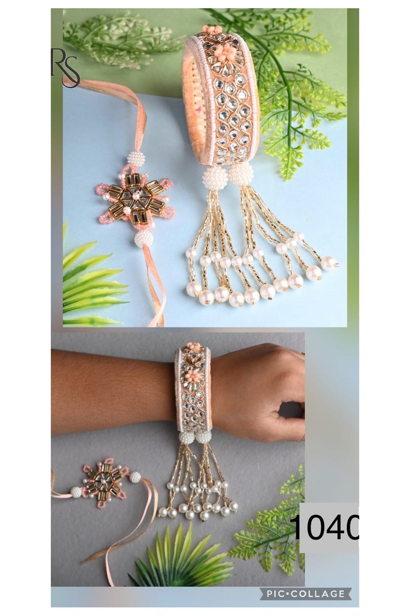 Rakhi Pair
Bhai Rakhi
Bhabhi Bangle Rakhi in Velvet with pearl Latkans
Color: Peach