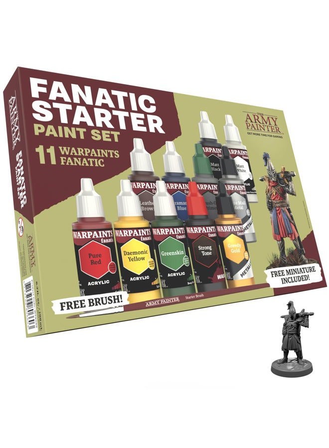 The Army Painter Warpaints Fanatic: Starter Set, 11 Paints: 7 Acrylic Paints, 2 Metallic, 1 Wash, 1 Primer to Apply with Brush, 1 Free Miniature Figure and Brush for Beginners - Image 1