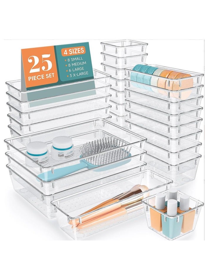 ماسكابوني مجموعة من 25 قطعة منظمات درج بلاستيكية شفافة، تحتوي على صواني منظمة للدرج بأربعة أحجام متنوعة، صناديق تخزين لمستحضرات التجميل، وغرفة النوم، وأدوات المطبخ، وأدوات المكتب. - Image 1