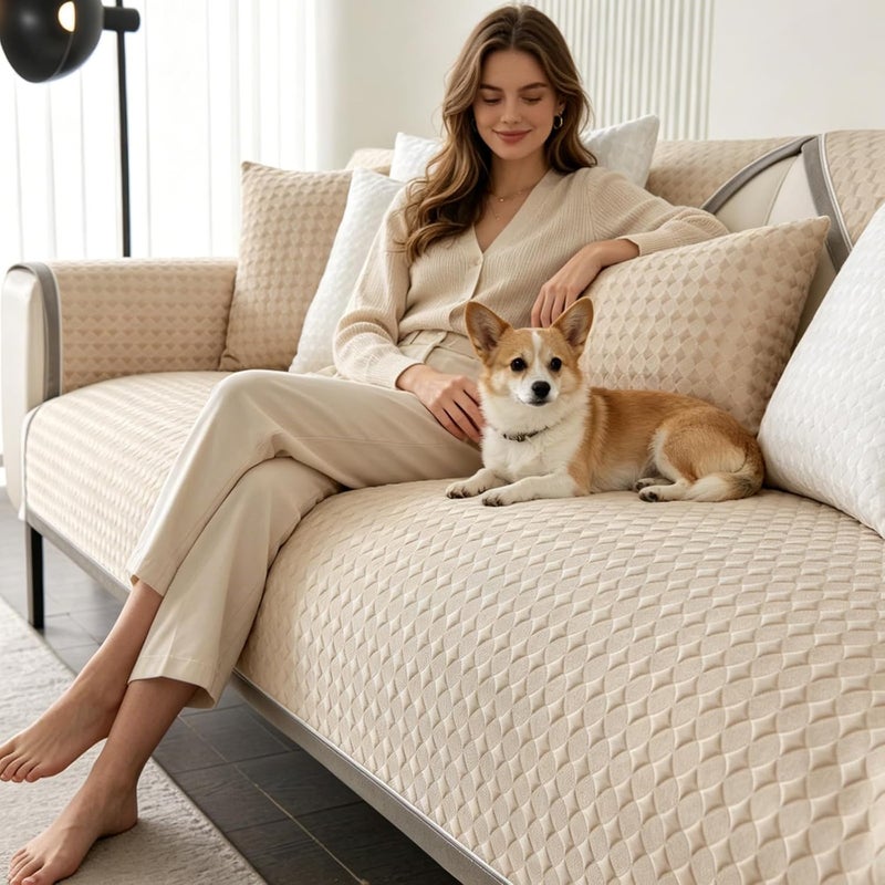 OTOB Cooling Couch Covers for 3 Cushion Couch Sofa Pet Friendly, Ice Silk Fabric Washable Non Slip Sectional Sofa Protector Cool Mat, 3D Structure Breathable Dog Sofa Cover (Serene Khaki, 35.4"x82.7") - Image 1