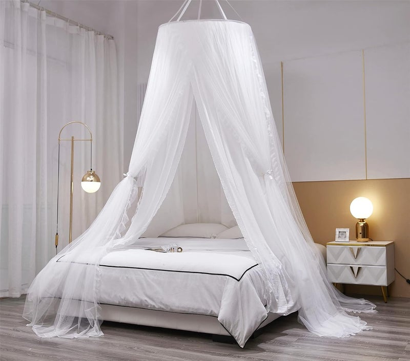 VETHIN Double Layer Princess Round Dome Canopy Bed Curtain for Girls Adults,Children Dreamy Mosquito Net,Cute Bedroom Decoration Castle Play Tent Reading Nook Canopies (Dome-White/White) - Image 4