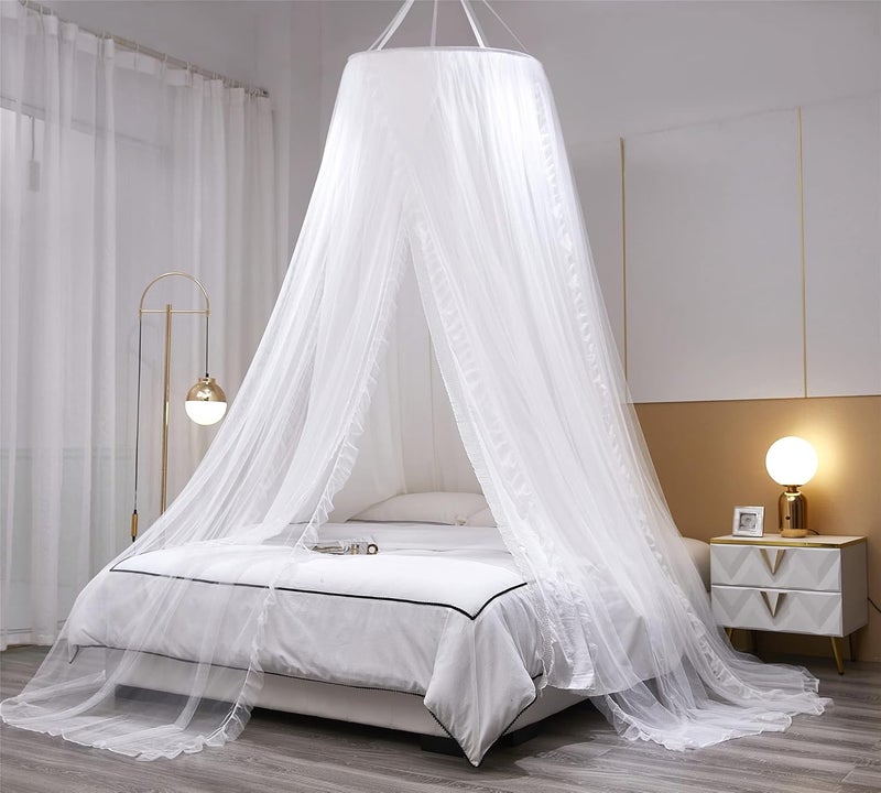 VETHIN Double Layer Princess Round Dome Canopy Bed Curtain for Girls Adults,Children Dreamy Mosquito Net,Cute Bedroom Decoration Castle Play Tent Reading Nook Canopies (Dome-White/White) - Image 2