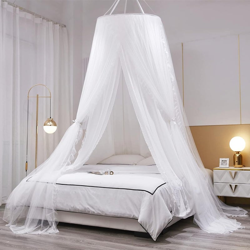 VETHIN Double Layer Princess Round Dome Canopy Bed Curtain for Girls Adults,Children Dreamy Mosquito Net,Cute Bedroom Decoration Castle Play Tent Reading Nook Canopies (Dome-White/White) - Image 1