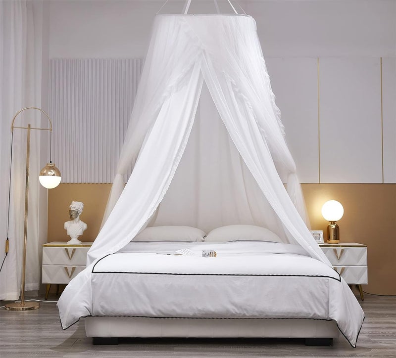 VETHIN Double Layer Princess Round Dome Canopy Bed Curtain for Girls Adults,Children Dreamy Mosquito Net,Cute Bedroom Decoration Castle Play Tent Reading Nook Canopies (Dome-White/White) - Image 3