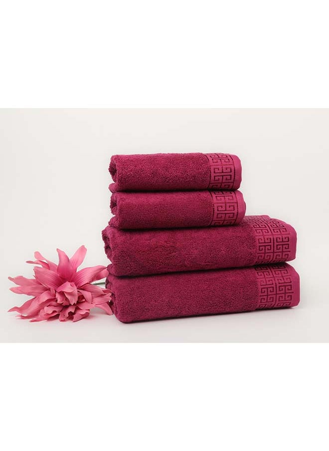 White Rose Towel 4 Piece Bathroom  Set - GREEKY - 500 GSM - 100% Cotton Terry - Jacquard Border- 2 Bath  70X140 cm & 2 Hand  50x90 cm- Luxury Touch - Extra Absorbent-Purple 