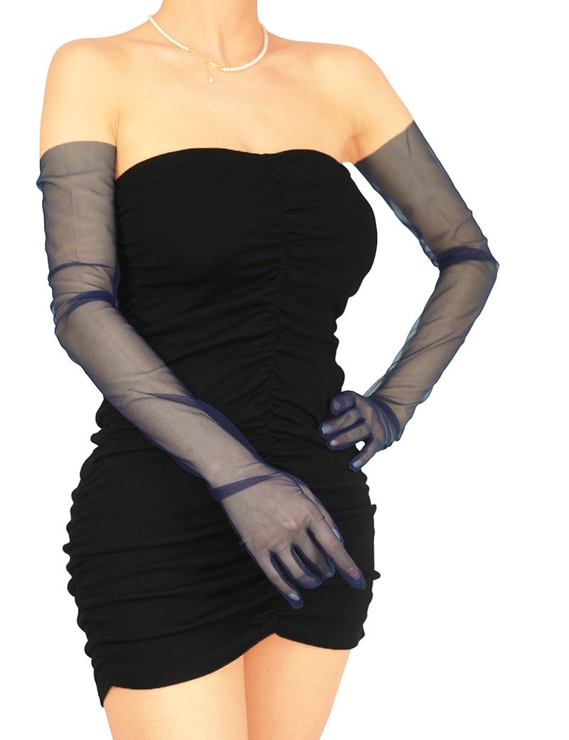 QRBTSCL Women's Wedding Bridal Mesh Tulle Gloves Long Opera Costume Party Glove 27" Elbow Length Sheer Gloves Navy Blue - Image 2