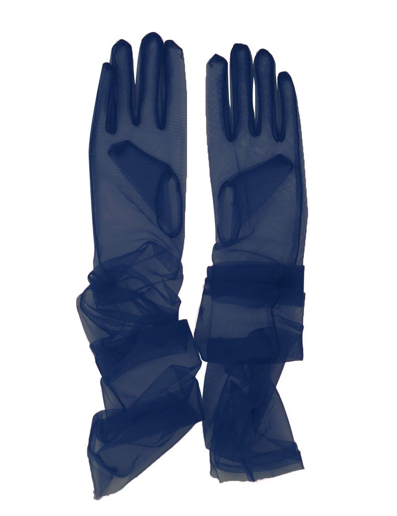 QRBTSCL Women's Wedding Bridal Mesh Tulle Gloves Long Opera Costume Party Glove 27" Elbow Length Sheer Gloves Navy Blue - Image 1