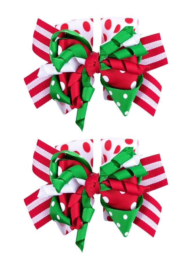 KCHIES Christmas Curly Bow Hair Clips 5'' Red White Green Ribbon Striped Cheer Bow Barrette Holiday Polka Dot Alligator Pins Toddler Girls Women Xmas Decor Accessory Gift - Image 1
