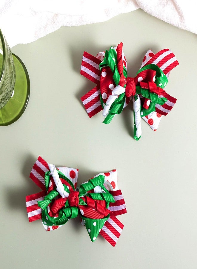 KCHIES Christmas Curly Bow Hair Clips 5'' Red White Green Ribbon Striped Cheer Bow Barrette Holiday Polka Dot Alligator Pins Toddler Girls Women Xmas Decor Accessory Gift - Image 2