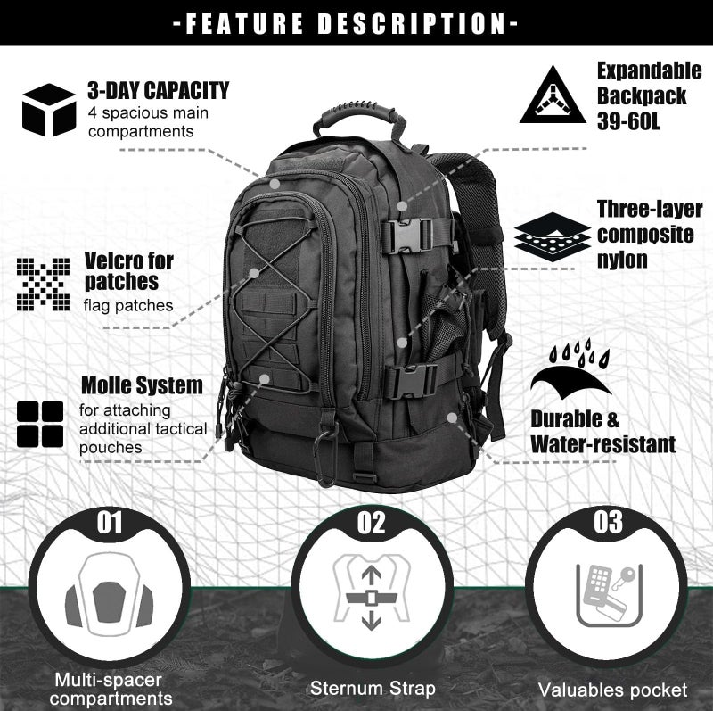 Miramrax Tactical Backpack Military Hiking Daypack - Molle Backpack for Men 3 Day Assault Pack Bug Out Bag for Camping Travel Army Hunting Gym Rucksack Survival (Black) - Image 3
