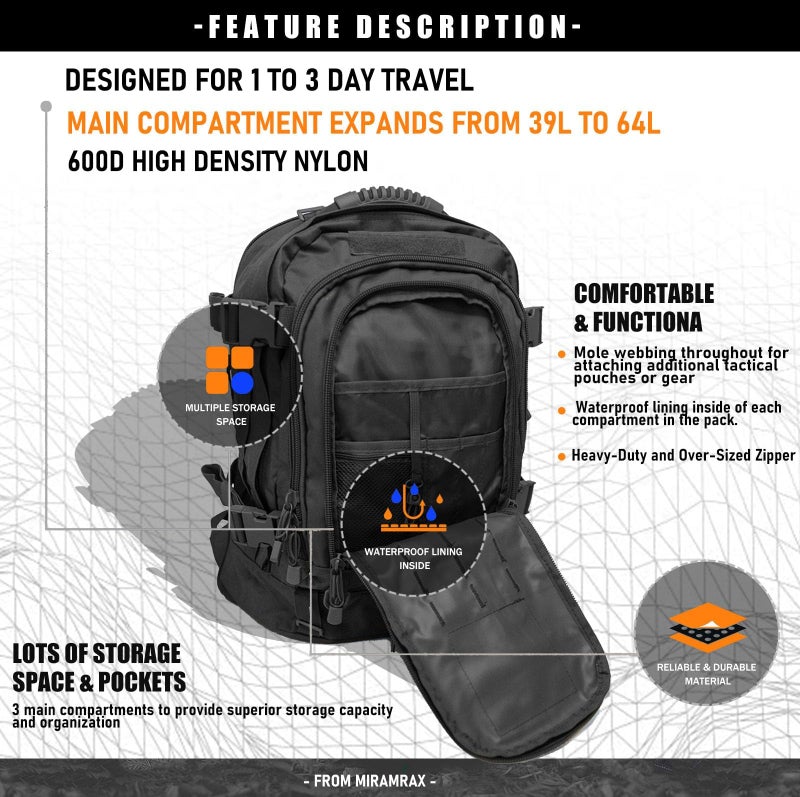 Miramrax Tactical Backpack Military Hiking Daypack - Molle Backpack for Men 3 Day Assault Pack Bug Out Bag for Camping Travel Army Hunting Gym Rucksack Survival (Black) - Image 4