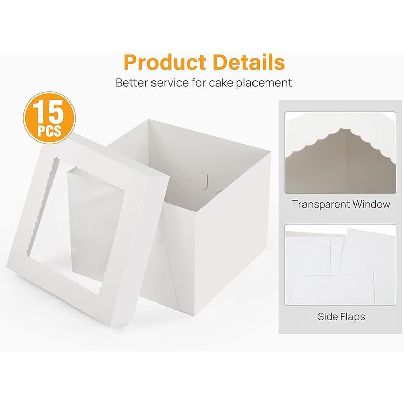 كوتيك 15 قطعة من صناديق الكيك، صندوق كيك طويل 12×12×8 انش مع نافذة، صناديق خبز بيضاء، صناديق خبز كبيرة، صندوق كيك مربع من الورق المقوى للكعك متعدد الطبقات والفطائر والمعجنات ومستلزمات تزيين الكيك - Image 3