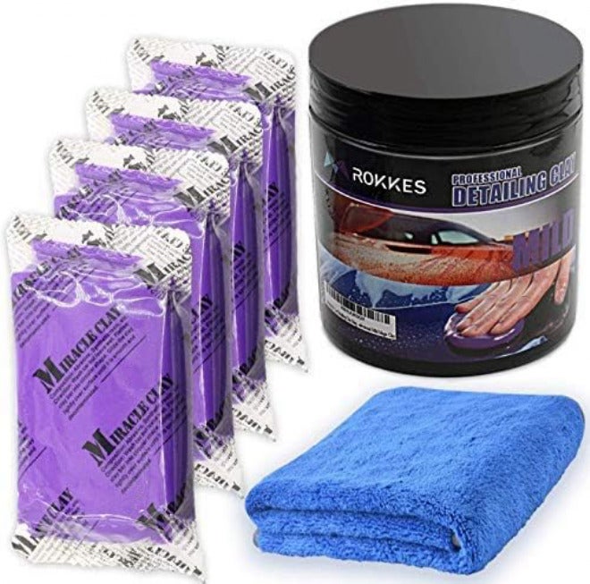 ROKKES Clay Bar Car Detailing Clay - ClayBars Magic Clay Bar Kit, Premium 4Block x100g Mild Grade Auto Clay Bar with Washing and Adsorption Capacity for Glass, Vehicles and Much More Cleaning, Towel Included - Image 1