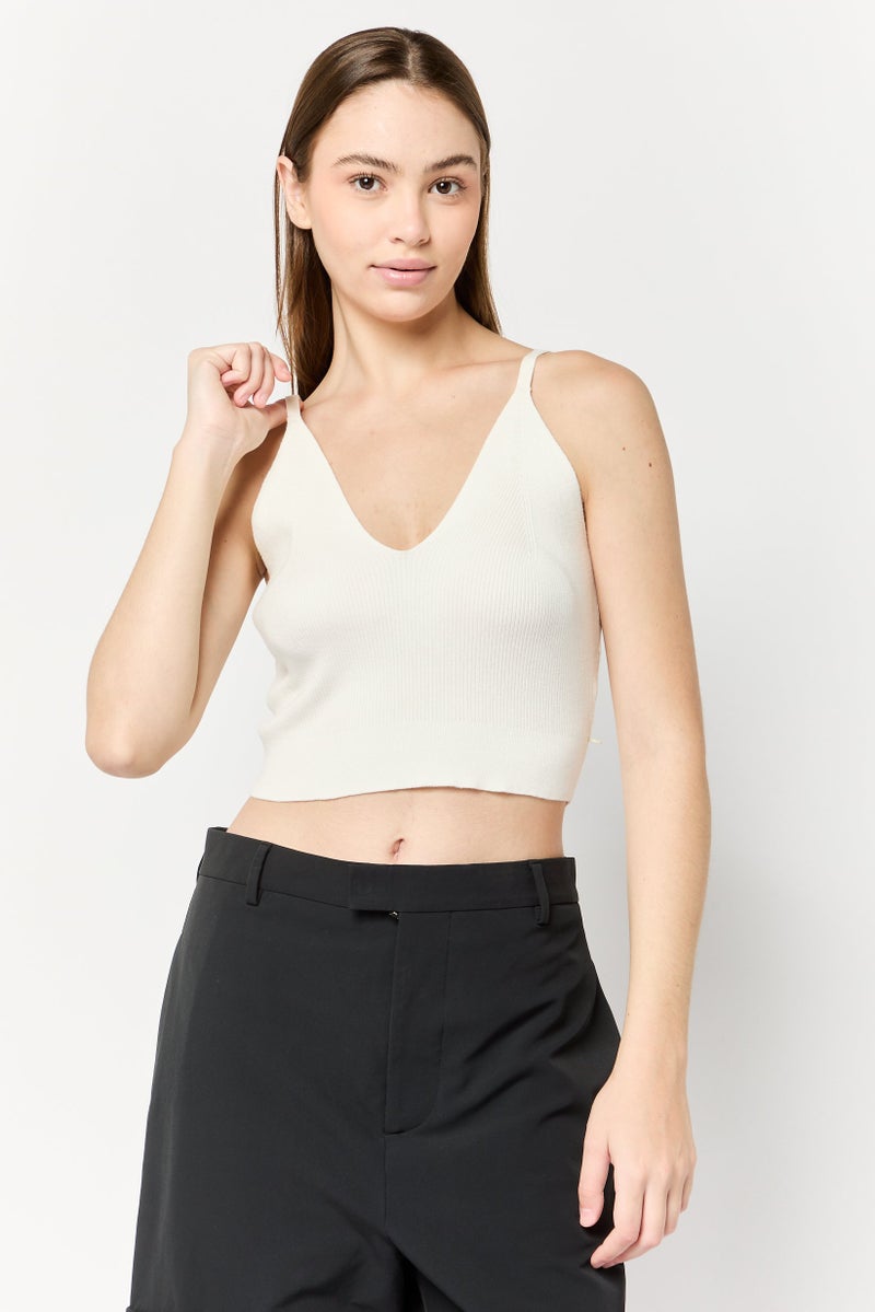 Scotch & Soda Women V-Neck Sleeveless Ribbed Tank Top, Off White - Image 1