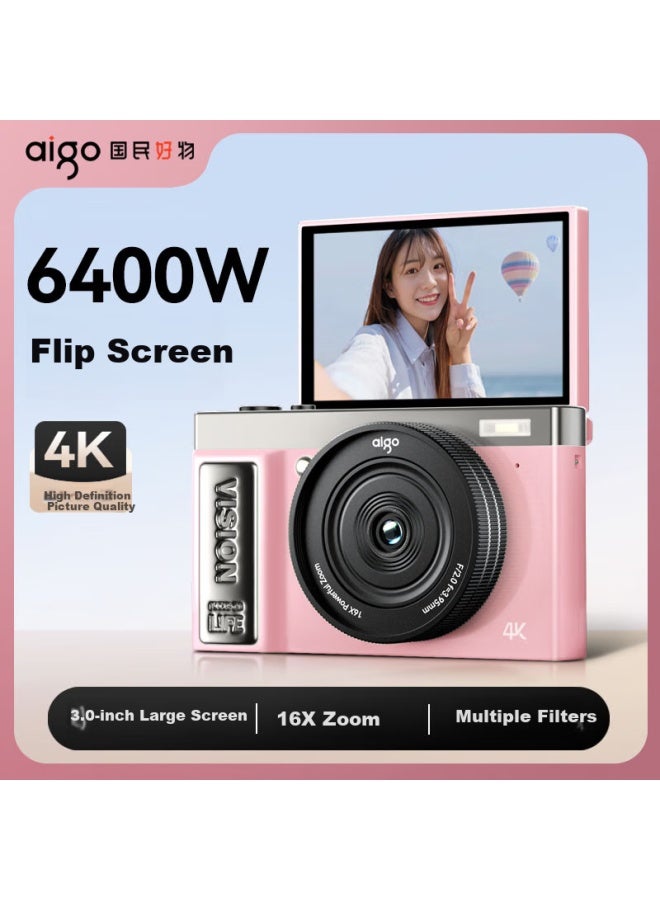 Aigo D9/e9 Meipai Version, Flip Screen Selfie Student Digital Camera, Birthday Gift For Girls, Entry-level Mirrorless Camera, Campus High-definition Travel Alternative Ccd, Pink 32gb