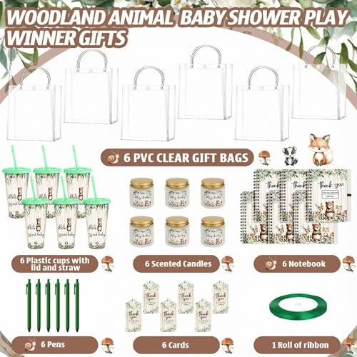 Tosstuki 6 Sets Woodland Baby Shower Game Prizes Gifts for Winners Player Plastic Tumbler Notebook Scented Candles Ballpoint Pen Gift Bag Safari Jungle Wild Animal Baby Shower Favor Woodland Game Gift - Image 2