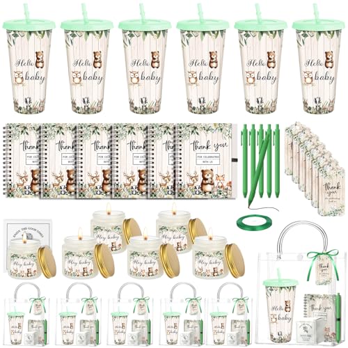 Tosstuki 6 Sets Woodland Baby Shower Game Prizes Gifts for Winners Player Plastic Tumbler Notebook Scented Candles Ballpoint Pen Gift Bag Safari Jungle Wild Animal Baby Shower Favor Woodland Game Gift - Image 1