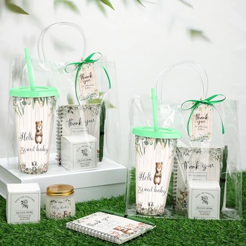 Tosstuki 6 Sets Woodland Baby Shower Game Prizes Gifts for Winners Player Plastic Tumbler Notebook Scented Candles Ballpoint Pen Gift Bag Safari Jungle Wild Animal Baby Shower Favor Woodland Game Gift - Image 3