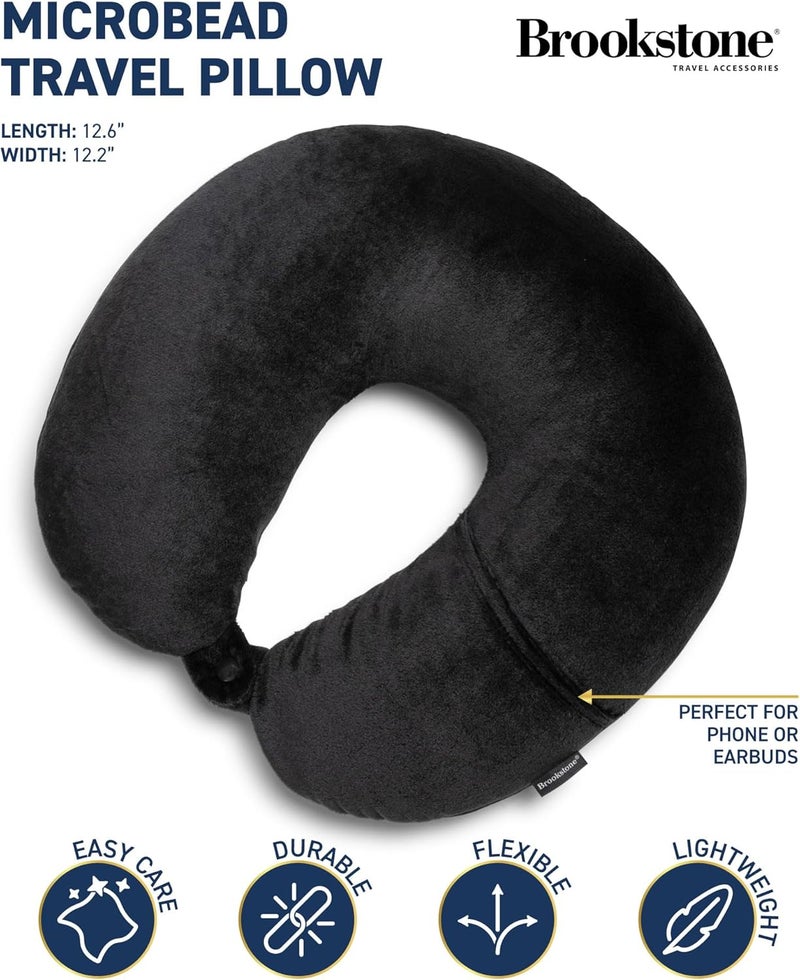 Brookstone Microbead Travel Head and Neck Pillow Lightweight and Plush with Phone or Headphone Pocket, Black - Image 2