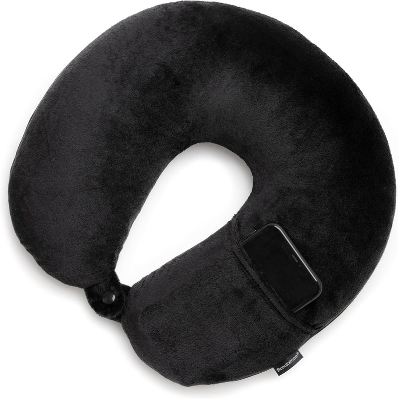 Brookstone Microbead Travel Head and Neck Pillow Lightweight and Plush with Phone or Headphone Pocket, Black - Image 4