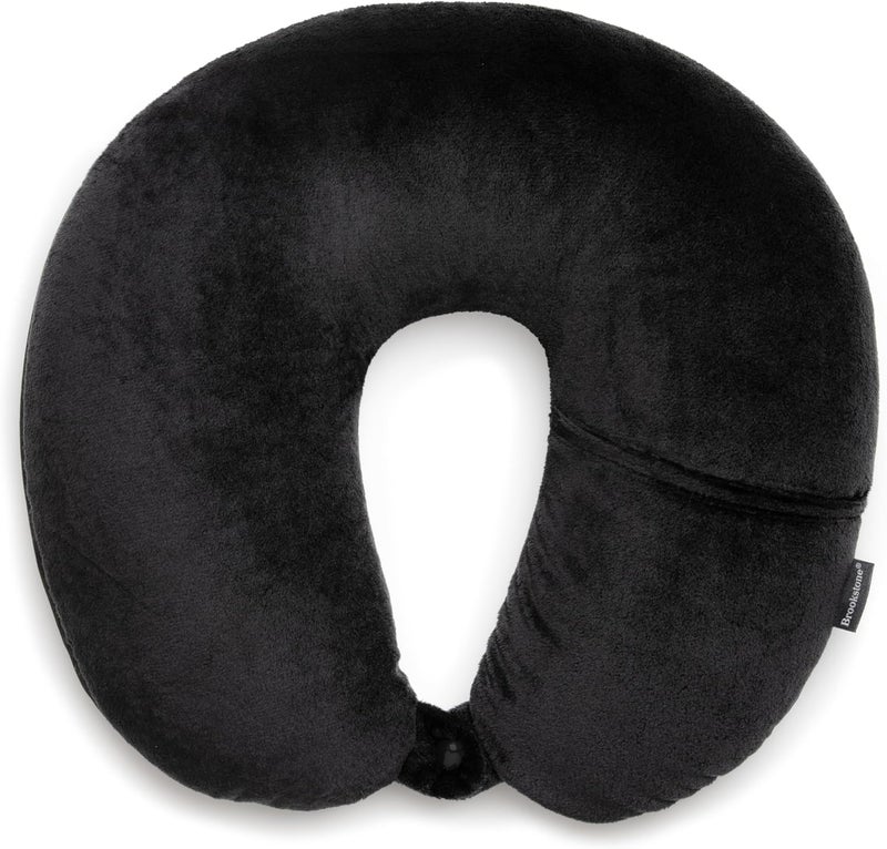 Brookstone Microbead Travel Head and Neck Pillow Lightweight and Plush with Phone or Headphone Pocket, Black - Image 1