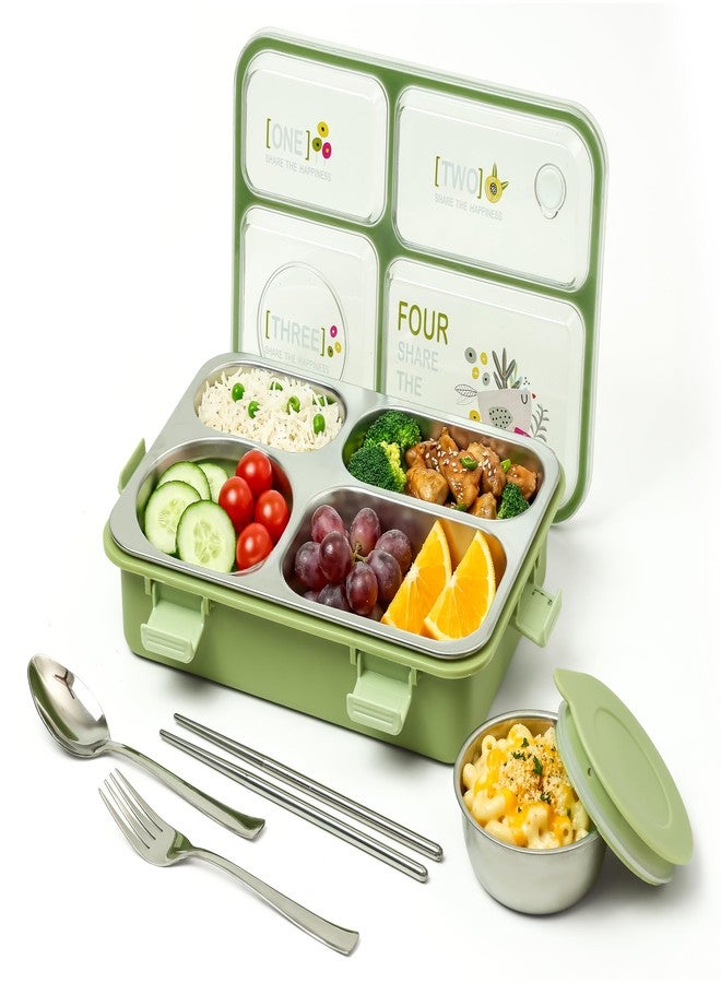 Brand Conquer Lunch Box Leak-Proof BPA Free Stainless Steel for School, Lunch Box for School & Office with a Fork, a Spoon and a Pair of Chopsticks (Classic Green, Happiness 4 Compartment) - Image 2