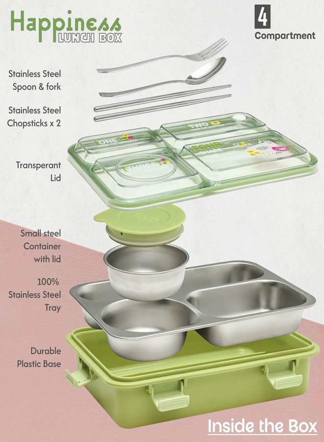 Brand Conquer Lunch Box Leak-Proof BPA Free Stainless Steel for School, Lunch Box for School & Office with a Fork, a Spoon and a Pair of Chopsticks (Classic Green, Happiness 4 Compartment) - Image 3