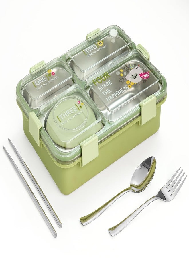 Brand Conquer Lunch Box Leak-Proof BPA Free Stainless Steel for School, Lunch Box for School & Office with a Fork, a Spoon and a Pair of Chopsticks (Classic Green, Happiness 4 Compartment) - Image 1