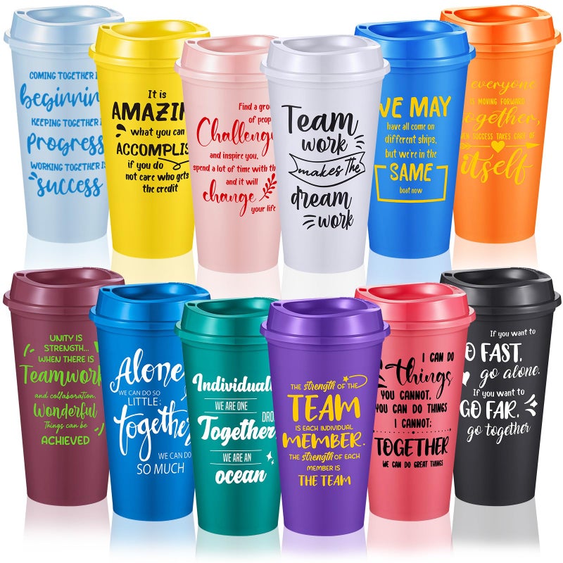 FillTouch 12 Pcs Appreciation Cups Gifts, Team Coffee Mugs for Office Coworkers Employee Staffs, 16 oz Reusable Plastic Cups with Lids, Gifts for Staff at Work (Bright Color) - Image 1