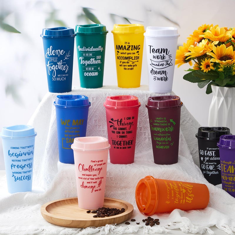 FillTouch 12 Pcs Appreciation Cups Gifts, Team Coffee Mugs for Office Coworkers Employee Staffs, 16 oz Reusable Plastic Cups with Lids, Gifts for Staff at Work (Bright Color) - Image 4
