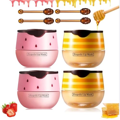 Biewals 4PCS Bee Lip Balm Honey Pot - Honey & Strawberry Mask With Brush, Moisturizing & Hydrating, Prevents Dry and Cracked Lips, Reduces Lines - Lip Care Product - Image 1