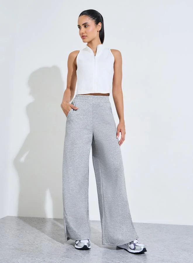 ستايلي اكتيف Grey Solid Wide Leg Side Slit Activewear Pants