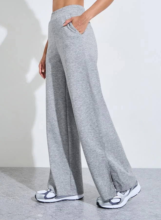 ستايلي اكتيف Grey Solid Wide Leg Side Slit Activewear Pants