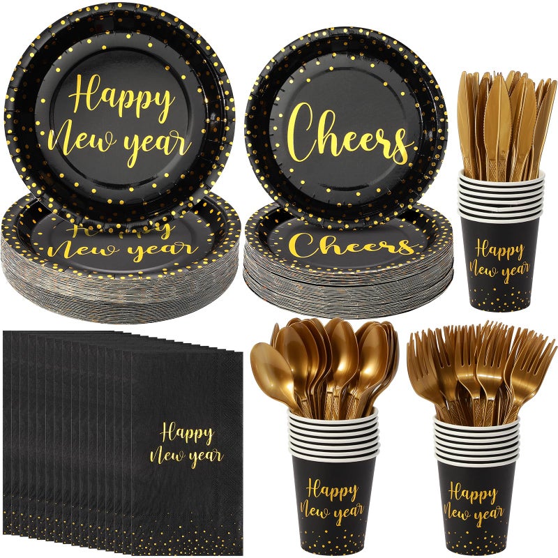 175pcs Happy New Year Paper Plates and Napkins SetDisposable Dinnerware Set Black Gold Foil Dots Plates Napkins Cups Knife Fork Spoon for 2025 New Years Eve Dinner Decorations and SuppliesServe 25