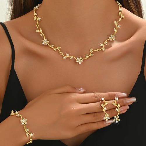 Hapibuy Crystal Necklace Earrings Bracelet Bridal Wedding Jewelry Set Rhinestone Choker Necklace For Women Brides Gold Color - Image 3
